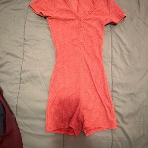 Coral Ribbed Short Sleeve Romper